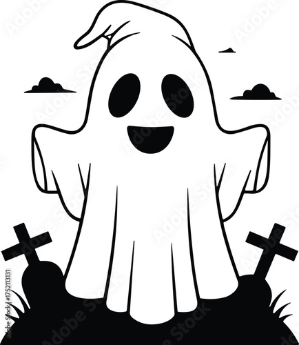 Cartoon ghost illustration, spooky Halloween artwork, smiling ghost design, eerie graveyard scene, haunted spirit drawing, creepy night graphic, playful phantom art