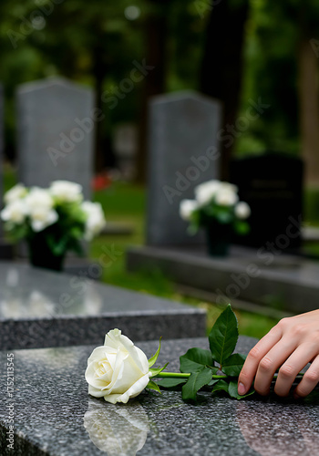 Hand placing white rose on gravestone in peaceful cemetery  