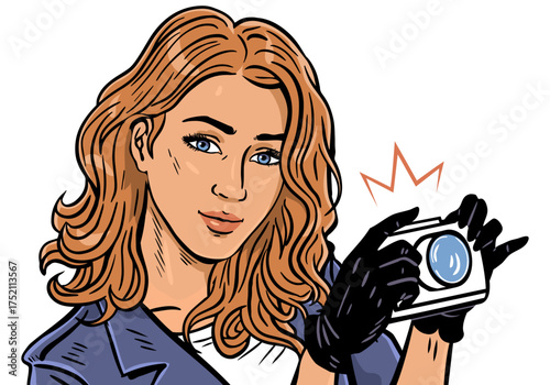 Woman detective with camera pop art portrait