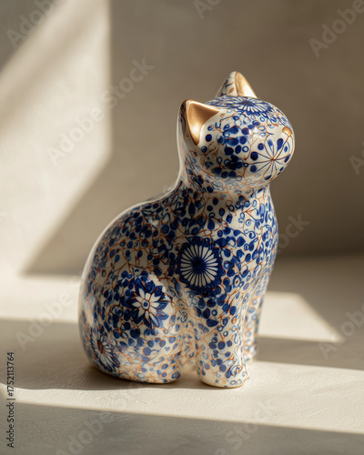 Blue cat porcelain figurine on a light background