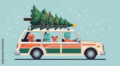 Cartoon car with abstract characters driving a Christmas tree on its roof under falling snow, representing holiday travel and festive season preparations.