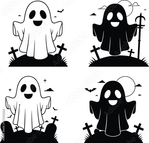 Cartoon ghost illustrations, spooky Halloween artwork, smiling ghost designs, eerie graveyard scenes, haunted spirit graphics, playful phantom drawings, creepy festive artwork