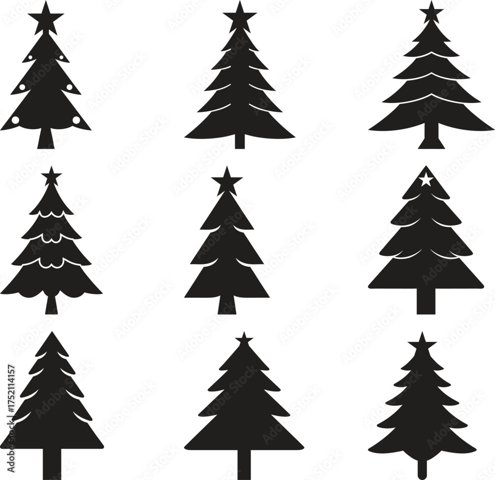 Fototapeta premium Collection of silhouetted christmas trees in various styles