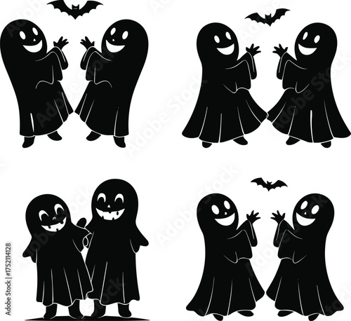 Cartoon ghost illustrations, spooky Halloween artwork, smiling ghosts design, playful phantom drawings, eerie night scene, haunted spirit graphics, creepy bat decoration