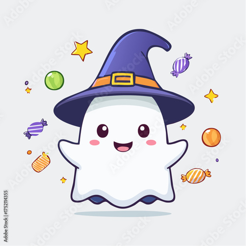 Happy ghost wearing witch hat with transparent background