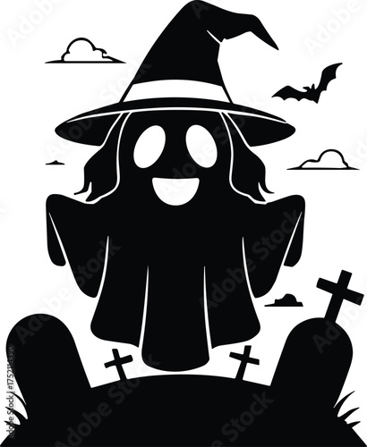 Cartoon ghost witch, spooky Halloween illustration, smiling ghost artwork, eerie graveyard scene, haunted spirit design, creepy night drawing, playful phantom graphic