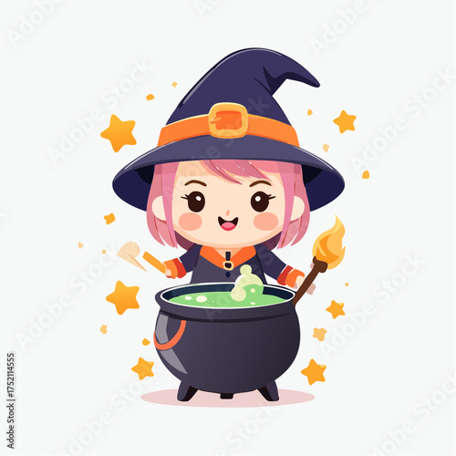 Little witch brewing potion with transparent background