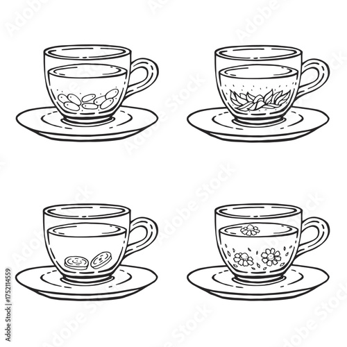 Set glass mugs of tea and saucer. Medicinal tea. Hand drawn vector illustration.