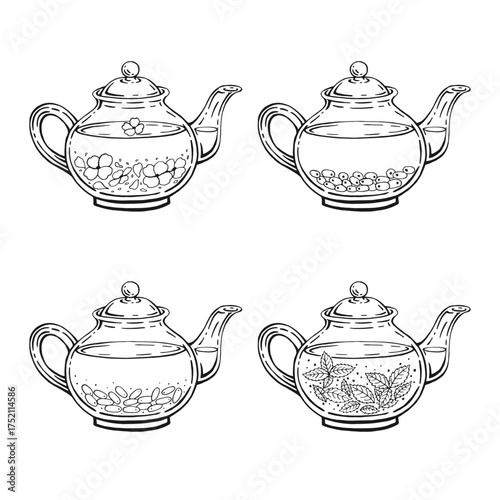 Set with teapot. Tea. Hand drawn vector illustration.