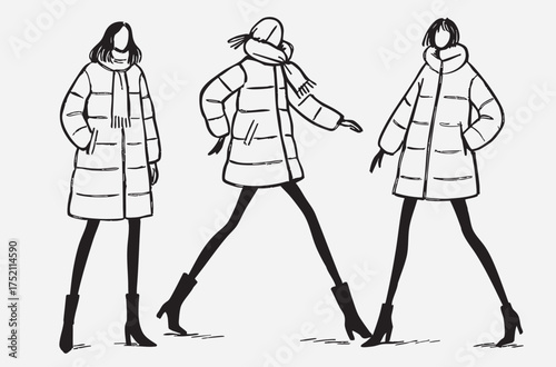 Sketch. Abstract cartoon Fashion Girls in down jacket