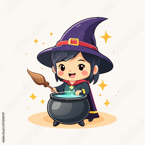 Little witch brewing potion with transparent background
