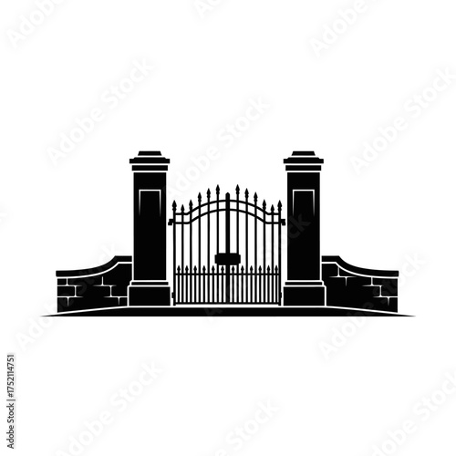 Elegant Wrought Iron Gate with Stone Pillars Silhouette.