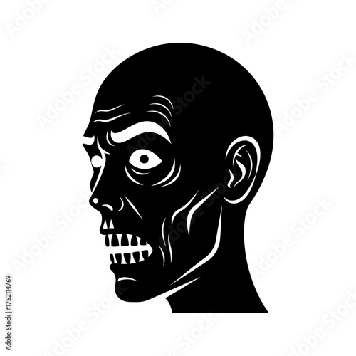 Silhouette of a Terrifying Zombie Head with Sharp Teeth.