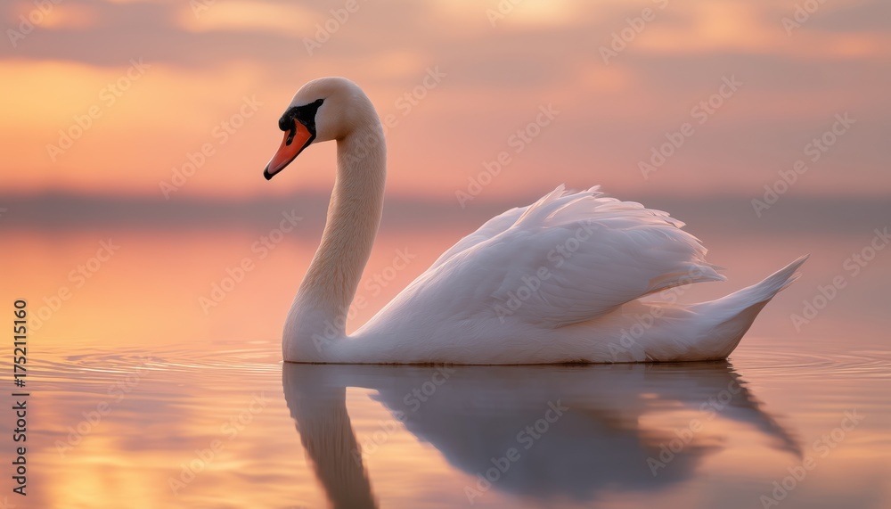 Obraz premium Graceful Swan Gliding On The Water During Sunrise Of The Day, Reflecting The Beauty Of The Morning Light On The Lake.
