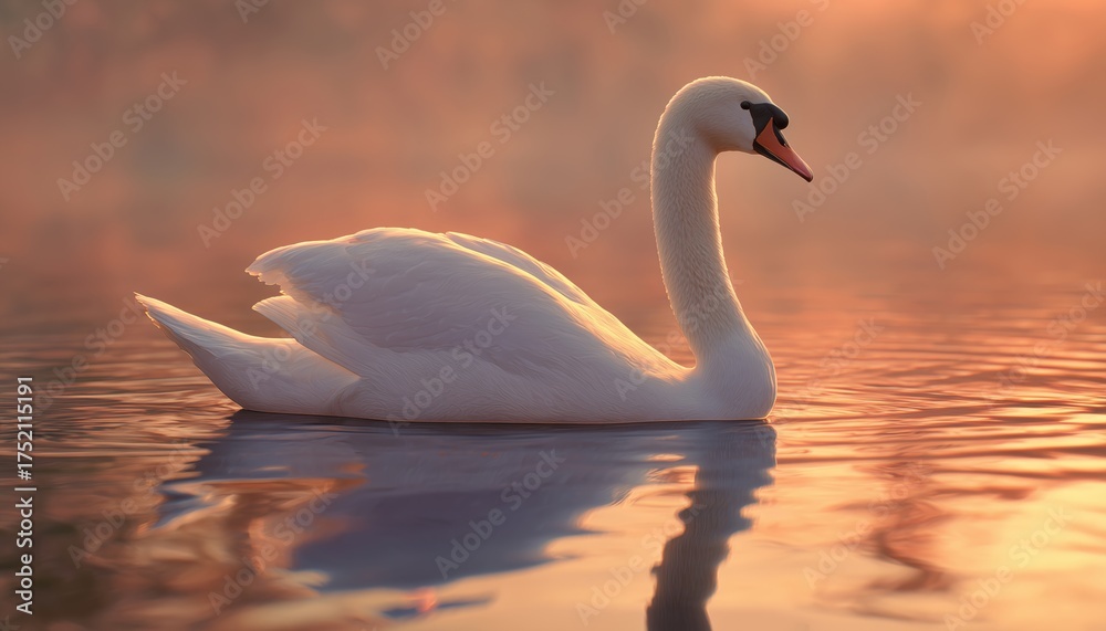 Fototapeta premium Graceful Swan Gliding On Tranquil Waters As The Sun Rises, Creating A Serene And Picturesque Scene On The Horizon.
