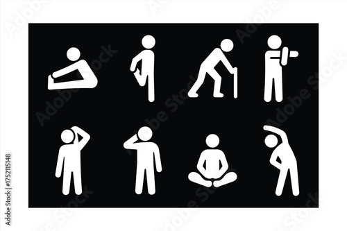 Stretching Exercises Icons. Solid, filled icon set of stretching exercises: hamstring stretch, quad stretch, calf stretch