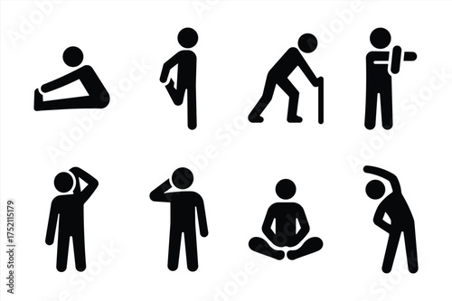 Stretching Exercises Icons. Solid, filled icon set of stretching exercises: hamstring stretch, quad stretch, calf stretch