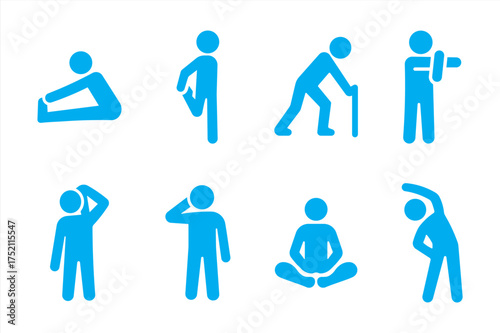 Stretching Exercises Icons. Solid, filled icon set of stretching exercises: hamstring stretch, quad stretch, calf stretch