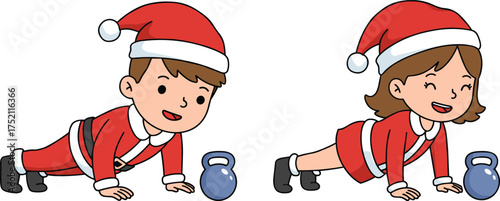 Children doing push ups, Christmas fitness illustration, Santa hats workout, festive holiday exercise, cartoon kids training, healthy lifestyle, seasonal fun artwork