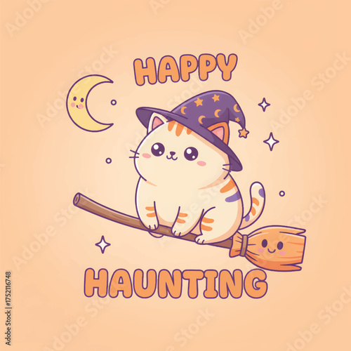 An adorable, whimsical cartoon illustration featuring a fluffy tabby cat wearing a purple witch hat, happily flying on a broomstick under a smiling crescent moon. The text reads "HAPPY HAUNTING." Perf