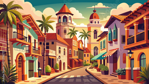 Very beautiful street view of historic Spanish-style buildings in St. Augustine, Florida, the oldest European-founded town in America, showcasing warm colors and charming architecture.

