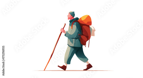 Hiker with Backpack and Walking Stick Illustration Depicting Solitude Exploration and Connection to Nature for Adventure Seekers