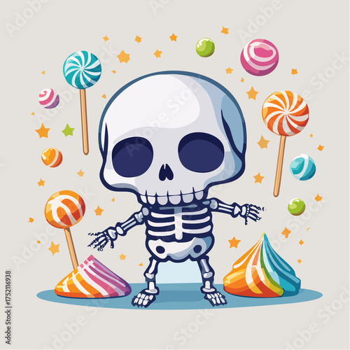 Skeleton with candy and stars with transparent background