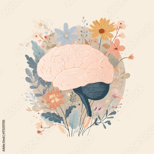 Human brain surrounded by floral elements representing mental health and wellness in a digital artwork style illustration