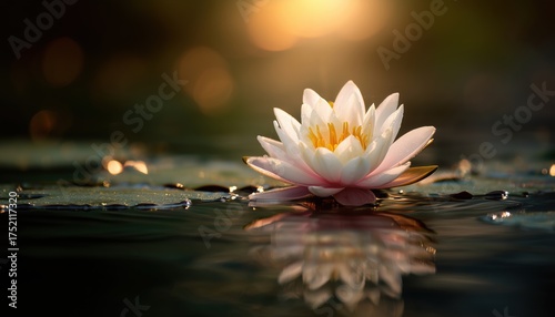 Lotus Flower In Zen Style Floating In Water With Sun Shining Above - A Peaceful And Serene Scene Of Tranquility.