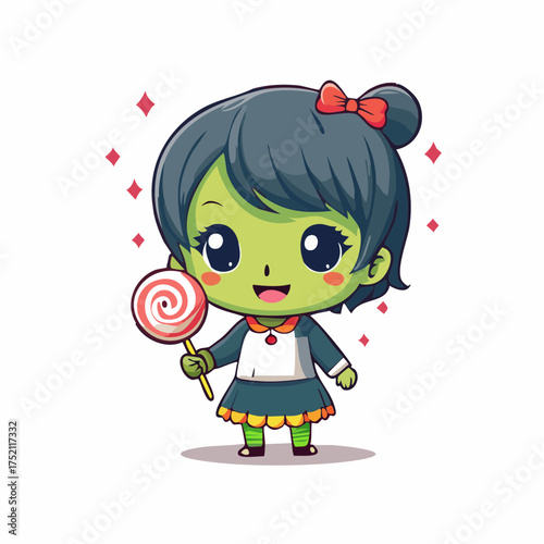 Little witch holding a lollipop with transparent background
