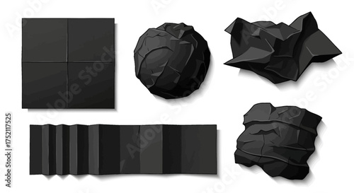 Collection of crumpled and folded black paper textures, featuring dark wrinkled sheets and abstract geometric shapes with cast shadows, ideal for graphic design elements and modern backgrounds