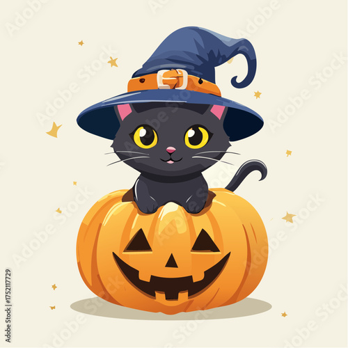 Black cat wearing witch hat with transparent background