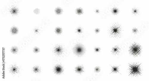 Diverse set of black and white abstract graphic elements, featuring various starbursts, speckles, and soft focus blurs, ideal for creating unique digital backgrounds and overlay effects