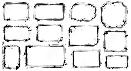A versatile set of twelve hand-drawn style grunge frames, featuring rough edges and ink splatters, isolated on a white background