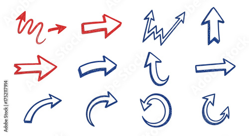Collection of diverse arrow icons and symbols in red and blue hues, illustrating direction and movement for design and web applications