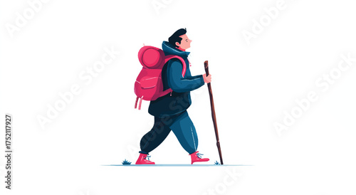 Illustrative man hiking in minimalist vector style on white backdrop wearing pink backpack