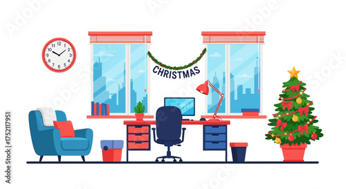 Home office desk setup with computer, chair, bookshelf, plant, and festive decorations