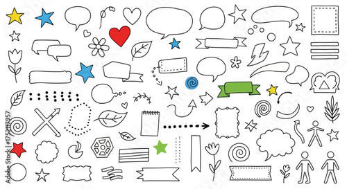 Collection of hand-drawn elements, speech bubbles, stars, hearts, banners, and various shapes for design