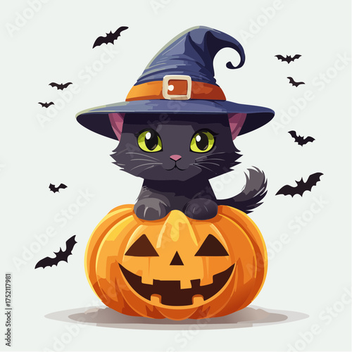 Black cat witch on pumpkin with transparent background