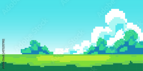 Pixel game screen background vector Pixel sky, tree and ground.