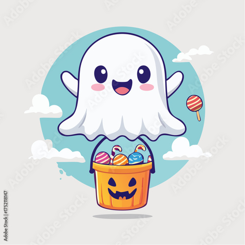Happy ghost with jack-o'-lantern and candy with transparent background