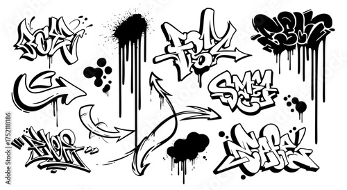 Collection of graffiti elements, including tags, arrows, and spray paint splatter, in a monochrome style