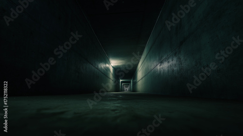 passageway. A long dark tunnel with rough concrete walls and a distant point of light. travel magazines, destination branding, designed for outdoor magazines and nature guides.