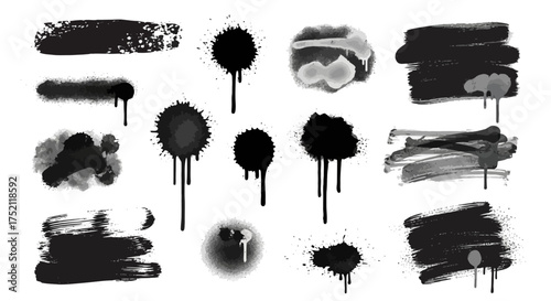 Collection of black ink splatters and brush strokes, isolated on white background, representing artistic graffiti elements