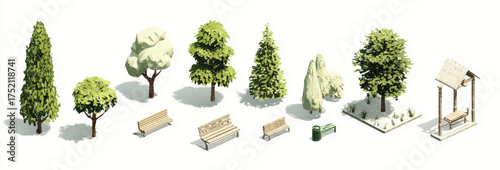 Isometric Park Elements Collection Featuring Trees Benches Gazebo Trash Can for Landscape Design Visualization and Green Urban Planning