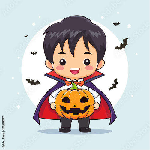 Child vampire holding pumpkin with transparent background