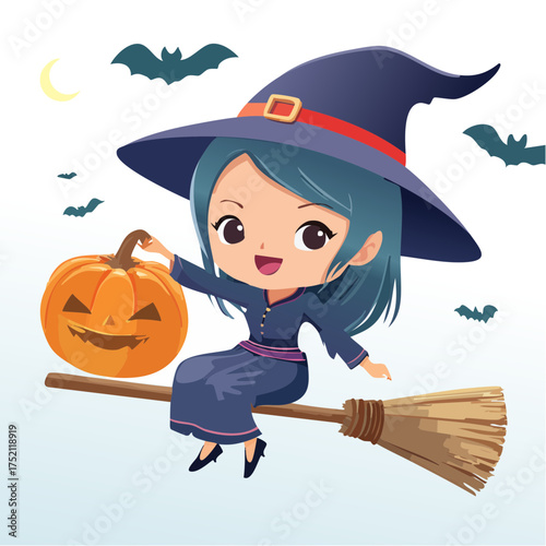 Halloween witch flying on broom with transparent background