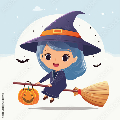 Little witch flying on broom with transparent background
