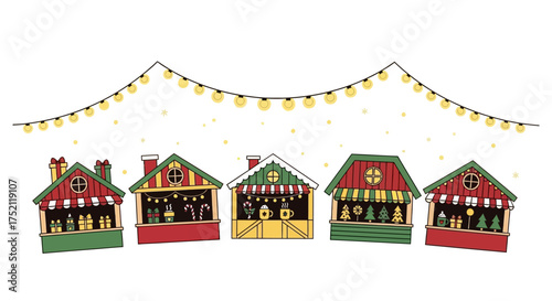Charming Vector Set of Christmas Market Stalls with Snow, Festive Lights, and Holiday Decorations for Winter Season Designs