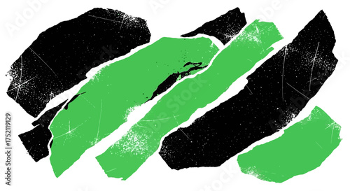 Abstract Composition with Torn Paper Elements in Black and Green with Grunge Texture